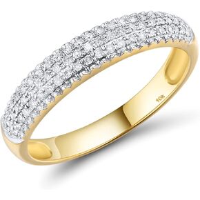 Santuzza 10K Yellow Solid Gold 3-Row Pave 0.2 ct Genuine Diamond Dainty Statement Ring for Women