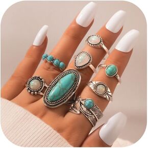 8 Pcs Bohemian Joint Knuckle Rings Set for Women,Vintage Oval Turquoise Finger Ring Opal Gemstone Teardrop Midi Rings Pack Punk Leaf Ring Party Daily Jewelry Gift