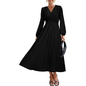 PRTTYGARDEN Womens Long Sleeve Maxi Dress 2024 Fall Trendy Elegant V Neck High Waist Flowy Wedding Guest Formal Long Dresses