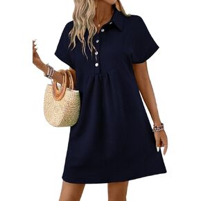Acelitt Womens Summer Batwing Short Sleeve Dresses Casual Textured Half-Placket Lapel Collared Mini Dress