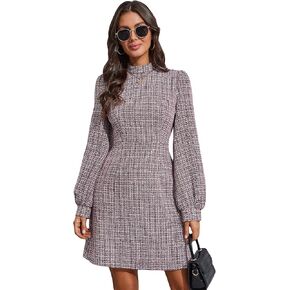 WDIRARA Women's Plaid Tweed Mock Neck Lantern Long Sleeve Dress Casual A Line Dresses