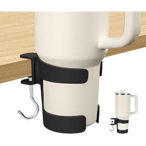 Desk Cup Holder, 2-in-1 Cup Holder for Desk Compatible with Stanley,Sinple Midern, Hydroflask, Owala, Adjustable Anti-Spill Cup Holder with Hook for Home Office and School
