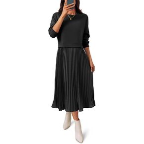 Wenrine Womens Sweatshirt Dress Casual Patchwork Long Sleeve Crewneck Pleated Fall Maxi Dresses