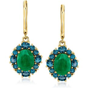 Ross-Simons 5.50 ct. t.w. Emerald and 2.80 ct. t.w. London Blue Topaz Drop Earrings in 18kt Gold Over Sterling