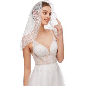 JWICOS Triangle Lace Veil Mass Veil Mantilla Cathedral Head Covering Chapel Veil for Wedding Bridesmaids (White)