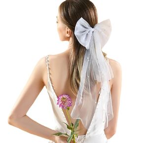 Bridal Hair Bow Veil with White Pearls, Short Wedding Veil for Bachelorette Party and Hair Accessories for Women and Girls
