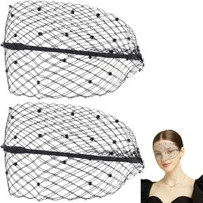 GORGECRAFT 2Pcs Mesh Veil Headband Black Polyester Bridal Wedding Veil Vintage Fascinator Mesh Lace Headband Tea Party Headwear with Veil and Plastic Beads for Women