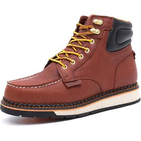 Men's 6 Inch Soft Moc Toe Work Boot, Premium Full-Grain Leather, Abrasion & Oil & Slip Toughest Wedge Sole, EH Rated, Arch Support Anti Fatigue