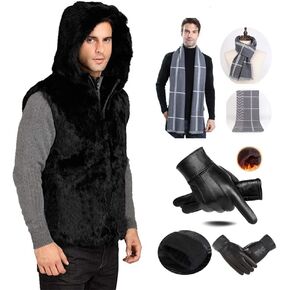 Male Black Fur Vest Genuine Rabbit Fur Men's Hooded Coat with Fur hat Gifts for man