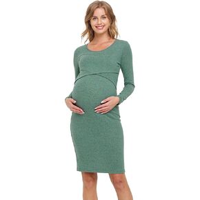Womens Double Layer Long Sleeve Bodycon Maternity Nursing Dress