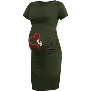 EAST KNITTING Funny Heart & Footprint Print Bodycon Women's Footprint Short Sleeve Maternity Dress Ruched Pregnancy Clothes