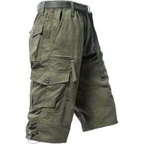 Mylldey Men's Cargo Shorts 3/4 Relaxed Fit Mens Running Shorts 7 Pockets Elastic Waist Cotton Hiking Shorts (DarkGreen, 4XL)