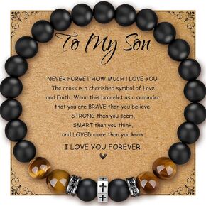 Men Bracelet Set Tigers Eye Bracelet 8mm Black adjustable Beaded Summer Cuff Charm Bracelets for son Husband Elegant Cross Bracelet (To My Son)