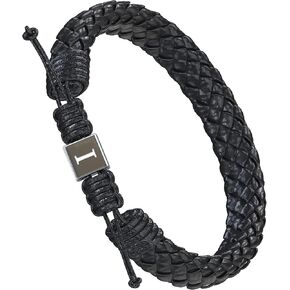 Men's Adjustable Leather Initial Bracelet | Genuine Woven Leather | A-Z Alphabet Letters Engraved on Stainless Steel Clasp