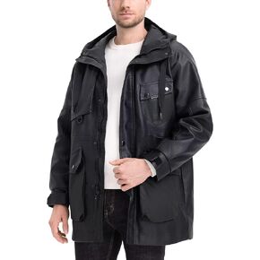 BEST SOUTH Men's Long Faux Leather Winter Jacket Bomber Motorcycle Warm Casual Coat Hood