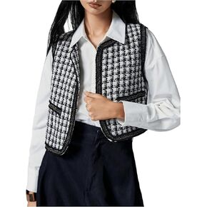 MakeMeChic Women's Plaid Tweed Open Front Vest Jacket Sleeveless Cropped Outerwear
