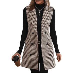 SOLY HUX Women's Houndstooth Print Blazer Button Down Long Vest Top Sleeveless Cardigan Jacket with Pockets