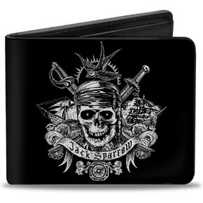 Buckle-Down Disney Wallet, Bifold, Pirates of the Caribbean Jack Sparrow Skull Black White, Vegan Leather