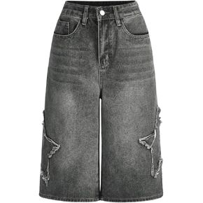 MakeMeChic Women's Wide Leg Denim Bermuda Shorts Star Pattern Loose Fit Vintage Jean Shorts