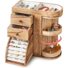 Wood Jewelry Box, Solid Wooden Rotating Jewelry Box Organizer for Women, Christmas Gifts for Girls - 4 Layer Rustic Small Jewelry Organizer Box with 3 Drawers for Necklace Ring Earring Bracelet