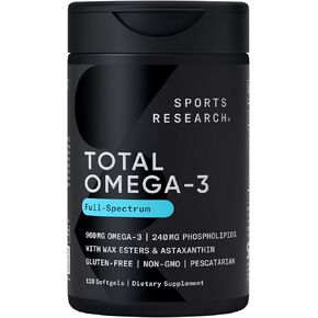 Sports Research Total Omega-3 Fish Oil from Wild Sockeye Salmon, Alaska Pollock, Antarctic Krill, Astaxanthin + Phospholipids & Wax Esters for Absorption | 960mg of EPA & DHA - Fresh Lemon Scent (120