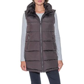S.E.B Women's Long Reversible Puffer Vest with Hood, Puffy Sleeveless Vest Reverses to Lux Faux Fur for Winter and Fall