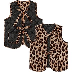 Verdusa Women's Reversible Vest Tie Front Cheetah Leopard Print Sleeveless Quilted Gilet Jacket