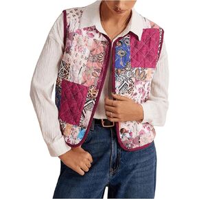 Verdusa Women's Vintage Button Front Quilted Puffer Vest V Neck Sleeveless Oversized Jacket Outerwear