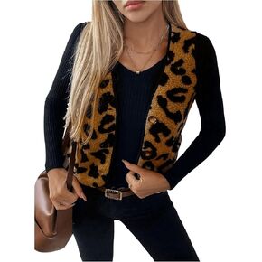 SHENHE Women's Leopard Print Sleeveless Button Down Jacket Lightweight Coat Outerwear Vests