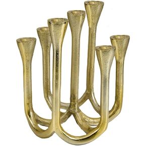 Serene Spaces Living Seven-Branched Gold Menorah Candle Holder, Cast Aluminum Candelabra, Fireplace, Dining Table, Coffee Table, Wedding, Home, Holiday Decor, 7.75" Long, 6.5" Wide & 8.25" Tall