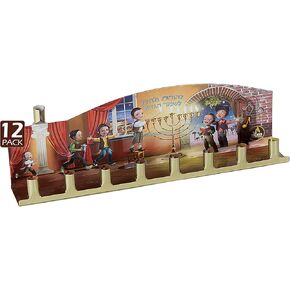 Ner Mitzvah Tin Candle Menorah - 12-Pack - Fits All Standard Chanukah Candles - Colorful Painted Hannuka Children's Scene