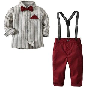 Gentleman Boys Clothing Set Bow Ties Shirts + Suspenders Pants Outfits Suits