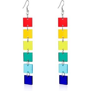 Pingyongchang Cute Candy Color Love Heart Rainbow Acrylic Dagnle Drop Earrings Long Tassel Pride Earrings Lightweight Geometric Circle Square Love Wins Colorful Earrings for Women