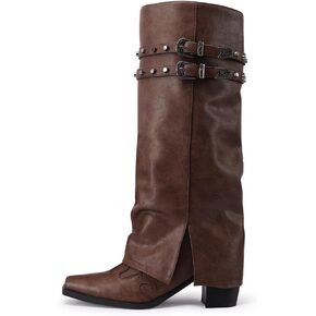 JANSEVEN Fold Over Boots for Women Overlay Knee High Boot Chunky Block Mid Heel Pull On Tall Boots Foldover Wide calf Boots