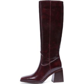 Dark Mahogany Women's Knee High Boots with Zipper Chunky Block Heel Long Boots for Women Casual Square Toe Wide Calf Boots Low Heel Womens Boots.