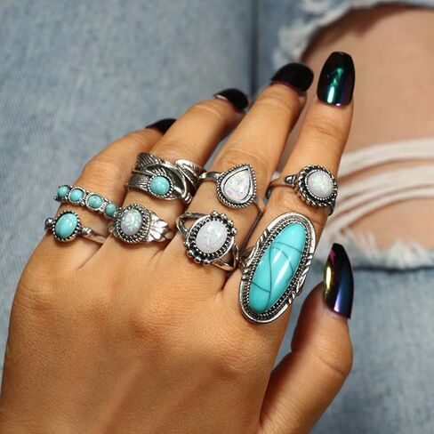 8 Pcs Bohemian Joint Knuckle Rings Set for Women,Vintage Oval Turquoise Finger Ring Opal Gemstone Teardrop Midi Rings Pack Punk Leaf Ring Party Daily Jewelry Gift in Saudi Arabia