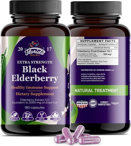 Black Elderberry Capsules | 180 Count | Sambucus Elderberry Vitamins, Non-GMO, Gluten Free, Organic Elderberry Extract Sambucus Nigra in Saudi Arabia