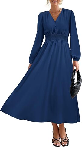 PRTTYGARDEN Womens Long Sleeve Maxi Dress 2024 Fall Trendy Elegant V Neck High Waist Flowy Wedding Guest Formal Long Dresses in Kuwait