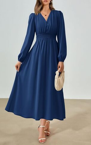 PRTTYGARDEN Womens Long Sleeve Maxi Dress 2024 Fall Trendy Elegant V Neck High Waist Flowy Wedding Guest Formal Long Dresses in Kuwait