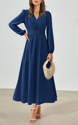 PRTTYGARDEN Womens Long Sleeve Maxi Dress 2024 Fall Trendy Elegant V Neck High Waist Flowy Wedding Guest Formal Long Dresses in Kuwait
