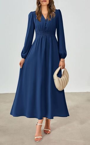 PRTTYGARDEN Womens Long Sleeve Maxi Dress 2024 Fall Trendy Elegant V Neck High Waist Flowy Wedding Guest Formal Long Dresses in Kuwait