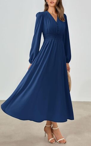 PRTTYGARDEN Womens Long Sleeve Maxi Dress 2024 Fall Trendy Elegant V Neck High Waist Flowy Wedding Guest Formal Long Dresses in Kuwait