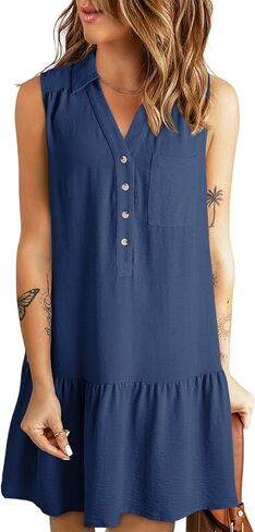 Dokotoo Womens 2024 Spring Summer V-Neck Button Sleeveless Sundress Mini Dress Casual Tank Dress with Pockets in Saudi Arabia