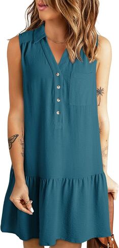 Dokotoo Womens 2024 Spring Summer V-Neck Button Sleeveless Sundress Mini Dress Casual Tank Dress with Pockets in Saudi Arabia
