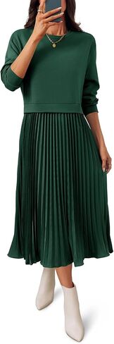 Wenrine Womens Sweatshirt Dress Casual Patchwork Long Sleeve Crewneck Pleated Fall Maxi Dresses in Saudi Arabia