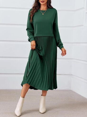 Wenrine Womens Sweatshirt Dress Casual Patchwork Long Sleeve Crewneck Pleated Fall Maxi Dresses in Saudi Arabia