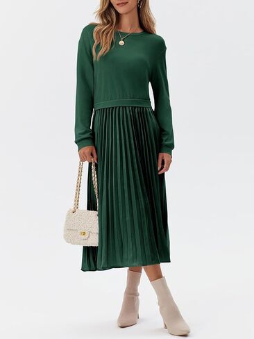 Wenrine Womens Sweatshirt Dress Casual Patchwork Long Sleeve Crewneck Pleated Fall Maxi Dresses in Saudi Arabia