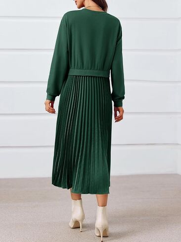 Wenrine Womens Sweatshirt Dress Casual Patchwork Long Sleeve Crewneck Pleated Fall Maxi Dresses in Saudi Arabia