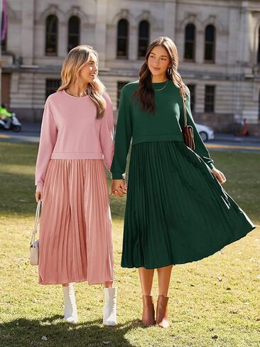 Wenrine Womens Sweatshirt Dress Casual Patchwork Long Sleeve Crewneck Pleated Fall Maxi Dresses in Saudi Arabia