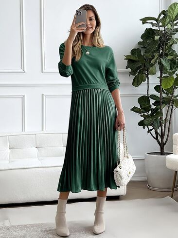 Wenrine Womens Sweatshirt Dress Casual Patchwork Long Sleeve Crewneck Pleated Fall Maxi Dresses in Saudi Arabia